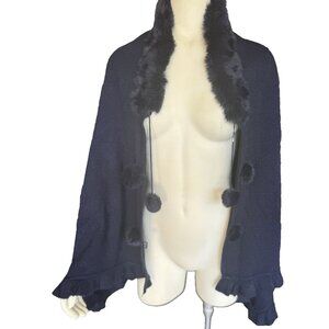 Faux Fur collar Pom Pom Poncho One size Navy Cape wool Blend Ruffle Hem Jacquard